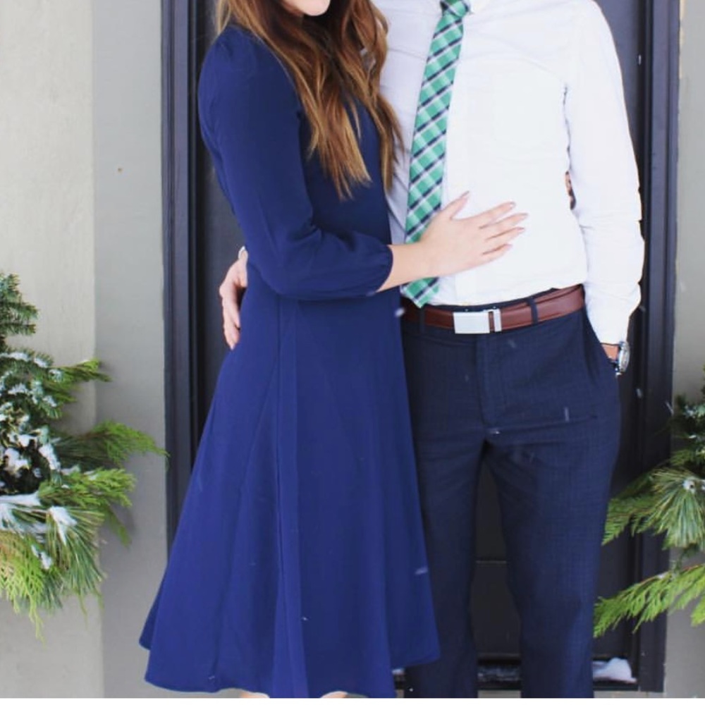 Navy blue chiffon midi dress with ruffle neck